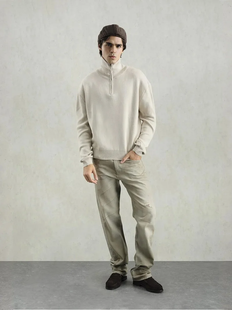 جيستو GIESTO  Ribbed Knit Sweater with Zipper Collar