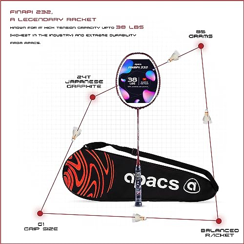 Apacs Finapi 232 (Unstrung, 38 LBS Max Tension) Made in Vietnam | 100% Japanese Graphite | High Modulus | High Power Badminton Racket with Free Full Cover | G1-4 1/4 inches (Red) - Image 4