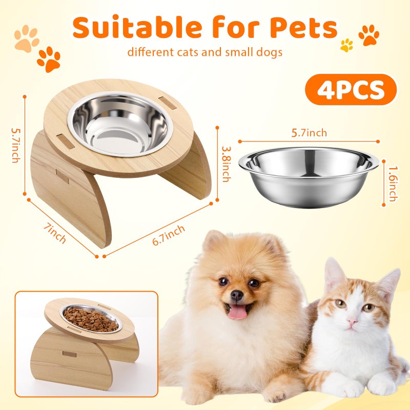 Blushtier 4 Pcs Elevated Stainless Steel Cat Bowls Bamboo Cats Feeding Station Stand, 15Â°Tilted 5.7 Inches Shallow Wide Raised Metal Cat Bowls for Pet Water Food Shelf Dishes for Indoor Cats Puppy - Image 2