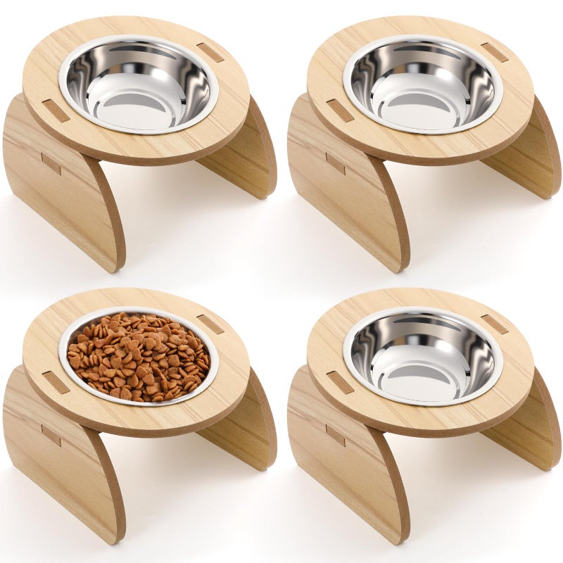 Blushtier 4 Pcs Elevated Stainless Steel Cat Bowls Bamboo Cats Feeding Station Stand, 15Â°Tilted 5.7 Inches Shallow Wide Raised Metal Cat Bowls for Pet Water Food Shelf Dishes for Indoor Cats Puppy - Image 1