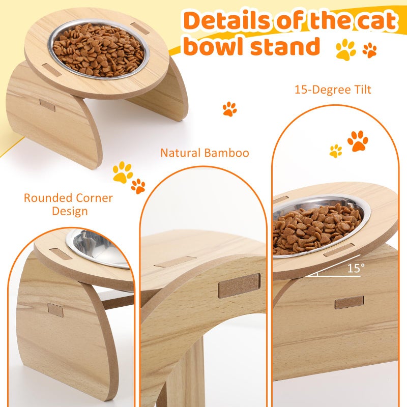 Blushtier 4 Pcs Elevated Stainless Steel Cat Bowls Bamboo Cats Feeding Station Stand, 15Â°Tilted 5.7 Inches Shallow Wide Raised Metal Cat Bowls for Pet Water Food Shelf Dishes for Indoor Cats Puppy - Image 3