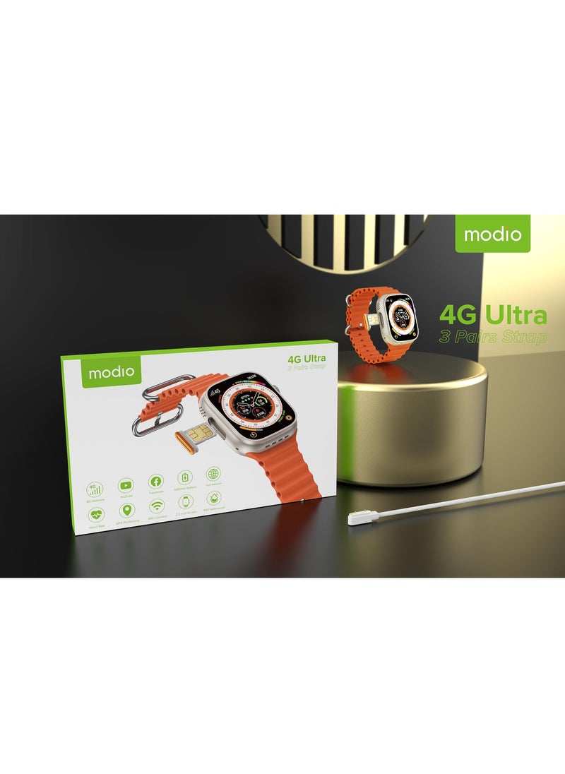 Generic - Modio 4G Ultra 2.2 Inch HD Display Sim Support Smart Watch with Three Set Strap For Men's,GOLD - Image 1