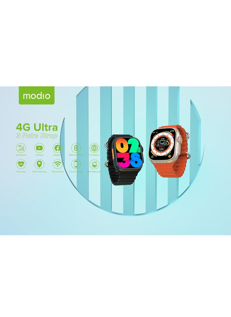 Generic - Modio 4G Ultra 2.2 Inch HD Display Sim Support Smart Watch with Three Set Strap For Men's,GOLD - Image 1