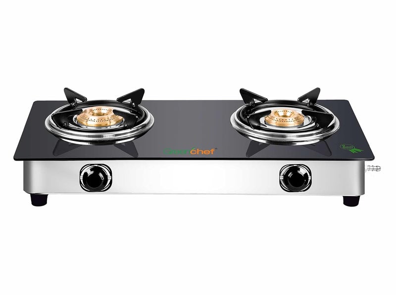 Greenchef Popular Glass cook top 2 Burner Gas stove,Stainless Steel Body, Compatible with LPG, two burners Spill proof trays, Toughened 6MM glass, Backlite Knobs (Manual Ignition) - Image 1