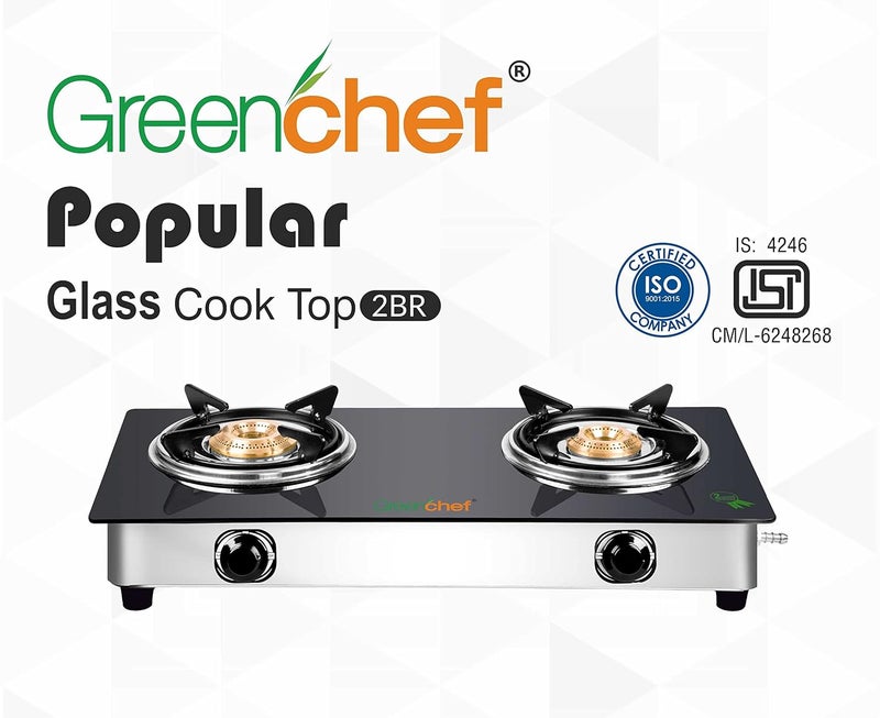 Greenchef Popular Glass cook top 2 Burner Gas stove,Stainless Steel Body, Compatible with LPG, two burners Spill proof trays, Toughened 6MM glass, Backlite Knobs (Manual Ignition) - Image 2