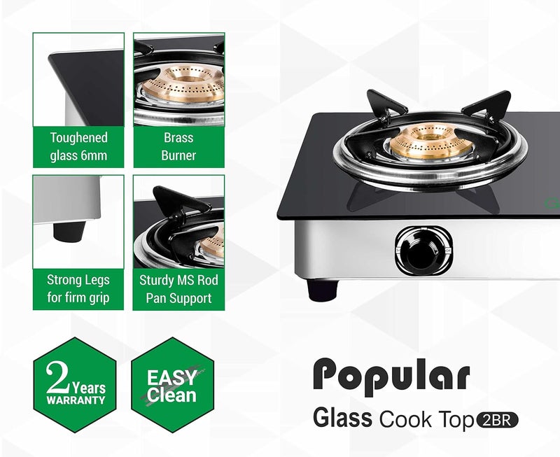Greenchef Popular Glass cook top 2 Burner Gas stove,Stainless Steel Body, Compatible with LPG, two burners Spill proof trays, Toughened 6MM glass, Backlite Knobs (Manual Ignition) - Image 3