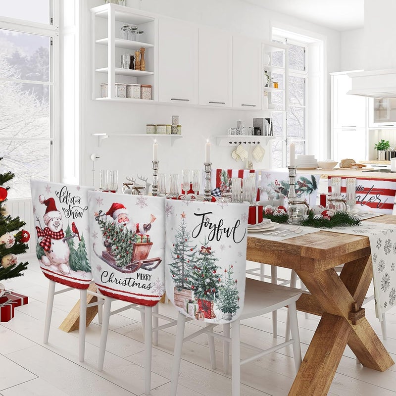 FuWeave 6 Pcs Christmas Chair Covers Vintage Christmas Chair Back Covers Red and White Xmas Chair Protector Slipcovers Washable Winter Dining Room Seat Covers for Home Hotel Kitchen Decorations - Image 2