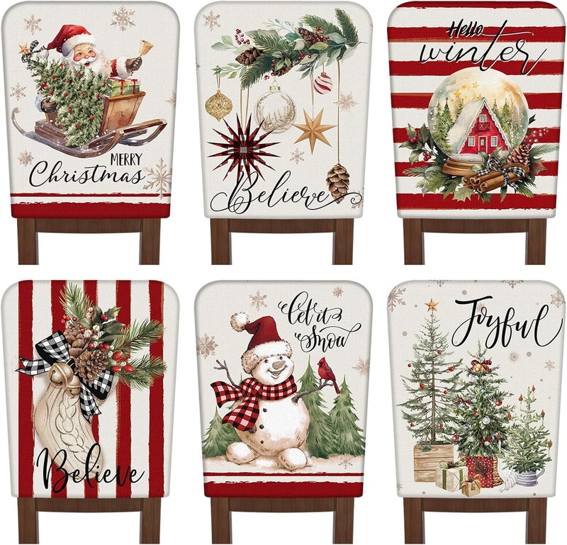 FuWeave 6 Pcs Christmas Chair Covers Vintage Christmas Chair Back Covers Red and White Xmas Chair Protector Slipcovers Washable Winter Dining Room Seat Covers for Home Hotel Kitchen Decorations - Image 1