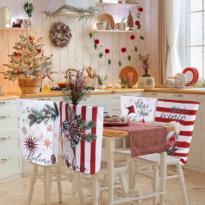 FuWeave 6 Pcs Christmas Chair Covers Vintage Christmas Chair Back Covers Red and White Xmas Chair Protector Slipcovers Washable Winter Dining Room Seat Covers for Home Hotel Kitchen Decorations - Image 5