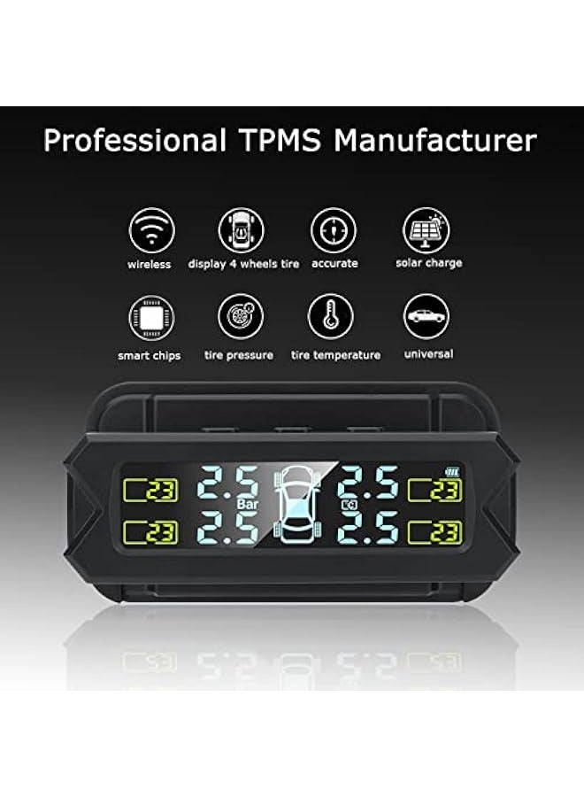 Tire Pressure Monitoring System - Wireless Solar Power TPMS with 5 Alarm Modes, Auto Backlight LCD Display, 4 Sensors Real-time Display Temperature Pressure - Image 2