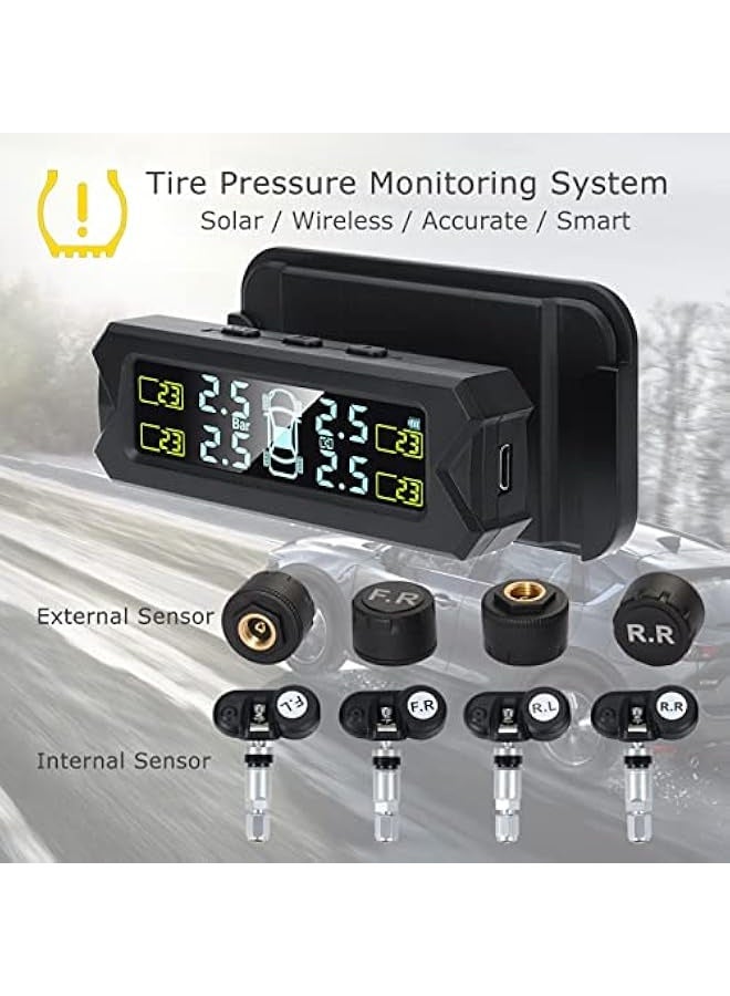 Tire Pressure Monitoring System - Wireless Solar Power TPMS with 5 Alarm Modes, Auto Backlight LCD Display, 4 Sensors Real-time Display Temperature Pressure - Image 4