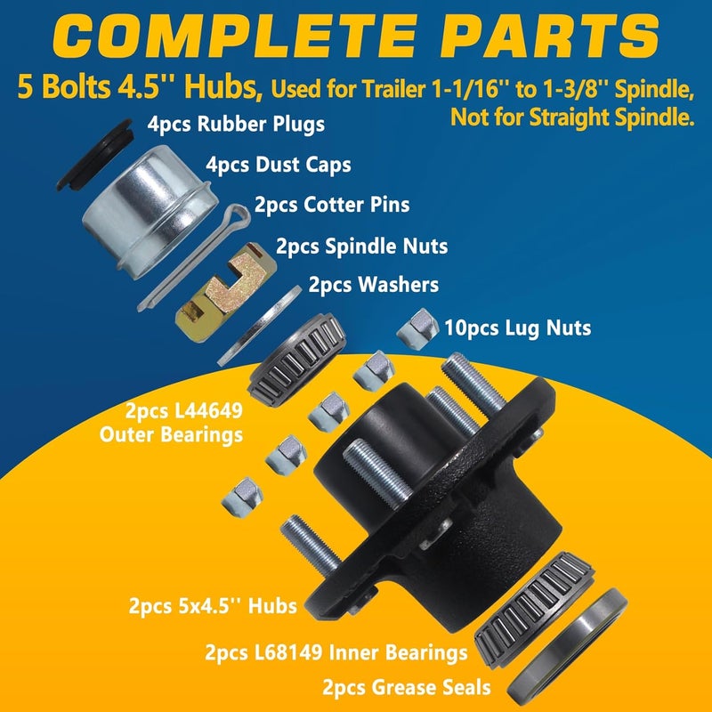 GREPSPUD 2Sets Trailer Hub Kits 5 on 4.5 for 3500 lbs 1-1/16'' to 1-3/8'' Tapered Axle, Idler Hub with Extra Dust Caps & Rubber Plugs, 5x4.5 Trailer Replacement Hub 5 Lug Bolt Trailer Wheel Hub Kit - Image 2