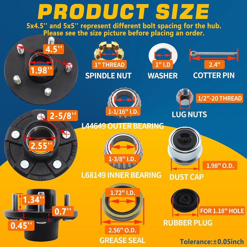 GREPSPUD 2Sets Trailer Hub Kits 5 on 4.5 for 3500 lbs 1-1/16'' to 1-3/8'' Tapered Axle, Idler Hub with Extra Dust Caps & Rubber Plugs, 5x4.5 Trailer Replacement Hub 5 Lug Bolt Trailer Wheel Hub Kit - Image 3