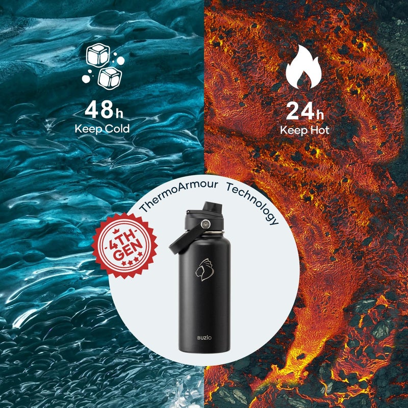 BUZIO Stainless Steel Water Bottle (Cold for 48 Hrs, Hot for 24 Hrs), 32 oz Vacuum Insulated Water Bottle with Straw Lid and Flex Cap (Double Wall, Wide Mouth, BPA Free, Leak Proof), Black - Image 2