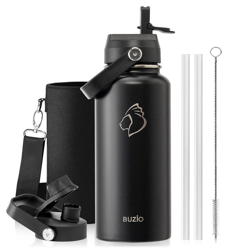 BUZIO Stainless Steel Water Bottle (Cold for 48 Hrs, Hot for 24 Hrs), 32 oz Vacuum Insulated Water Bottle with Straw Lid and Flex Cap (Double Wall, Wide Mouth, BPA Free, Leak Proof), Black - Image 1