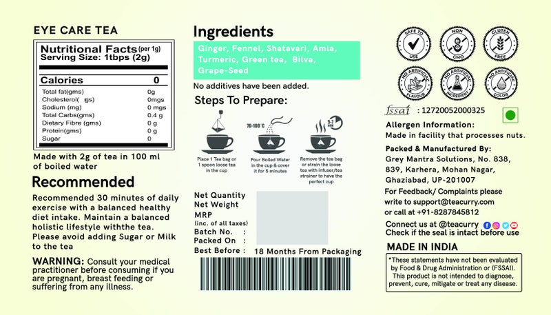TEACURRY Eye Care Turmeric Tea (30 Tea Bags, Pack Of 1 Moth)-Helps With Eye Health, Vision, Power, Eyesight-Eye Care 100%-Tea Bags For Eyes,100 Grams - Image 5