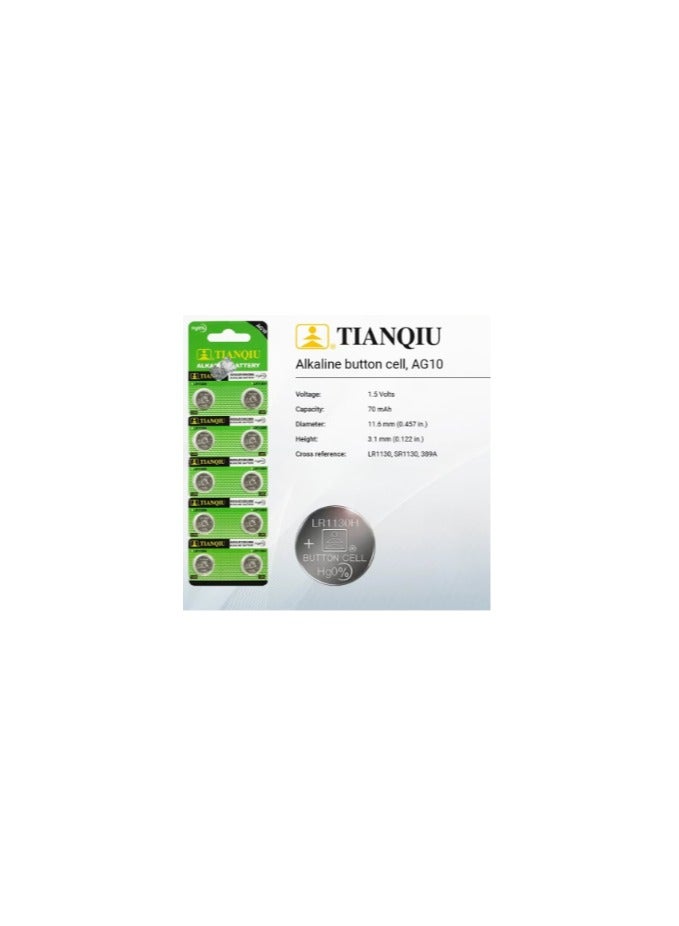 10-Pieces Tianqiu AG10/ LR1130H/ 389A 1.5V Alkaline Batteries
