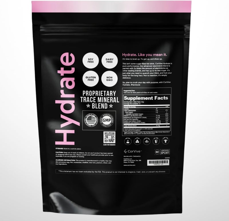 CorVive Hydrate Electrolyte Drink Mix  Pink Lemonade Flavor  NSF Certified  Electrolytes Vitamin C Magnesium Zinc Potassium  Used by Athletes  US Military  Boost Performance  15 Packs - Image 2