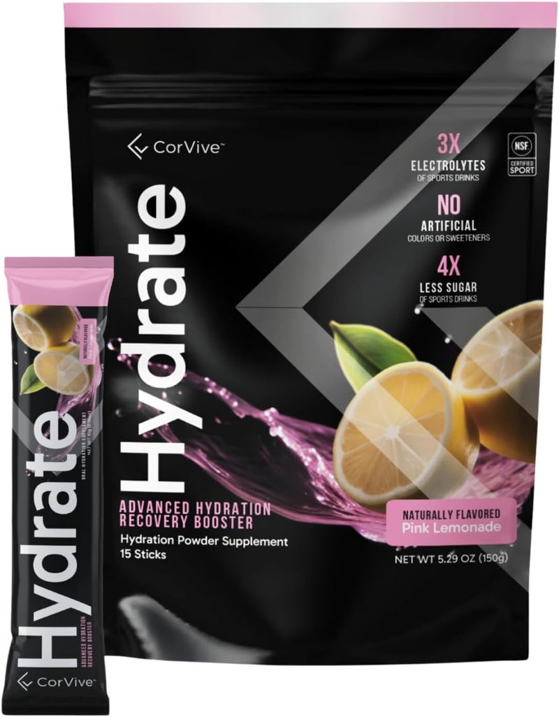 CorVive Hydrate Electrolyte Drink Mix  Pink Lemonade Flavor  NSF Certified  Electrolytes Vitamin C Magnesium Zinc Potassium  Used by Athletes  US Military  Boost Performance  15 Packs - Image 1