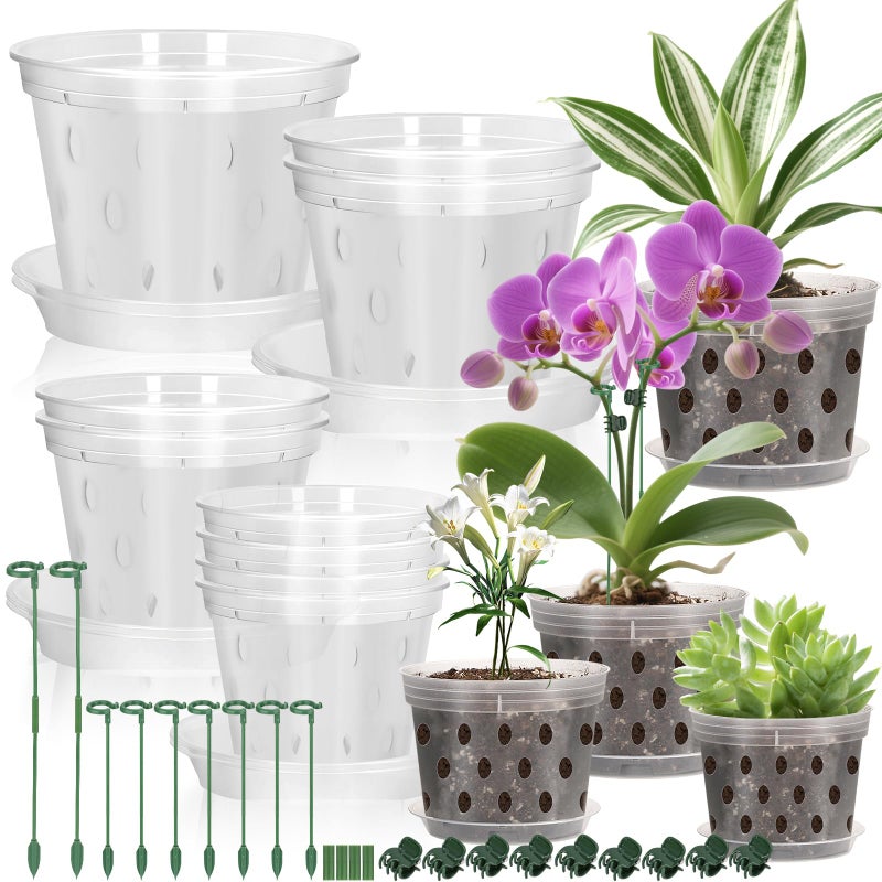 Jollidecor Orchid Pots with Holes and Saucers for Repotting | 4, 5, 5.6, 6 inch Clear Plastic Orchid Pots Flower Plant Pot with Stakes Clips | Breathable Slotted Orchids Planter with Drainage for Root Health - Image 1