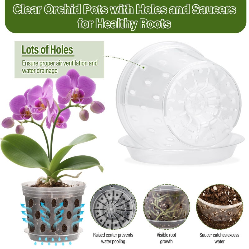 Jollidecor Orchid Pots with Holes and Saucers for Repotting | 4, 5, 5.6, 6 inch Clear Plastic Orchid Pots Flower Plant Pot with Stakes Clips | Breathable Slotted Orchids Planter with Drainage for Root Health - Image 3