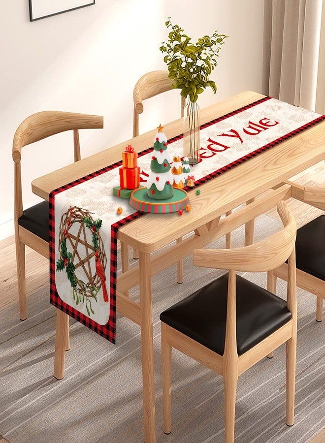 Pudodo Blessed Yule Table Runner Buffalo Plaid Check Pagan Winter Solstice Holiday Fireplace Kitchen Dining Home Decoration (White, 13" x 72") - Image 2