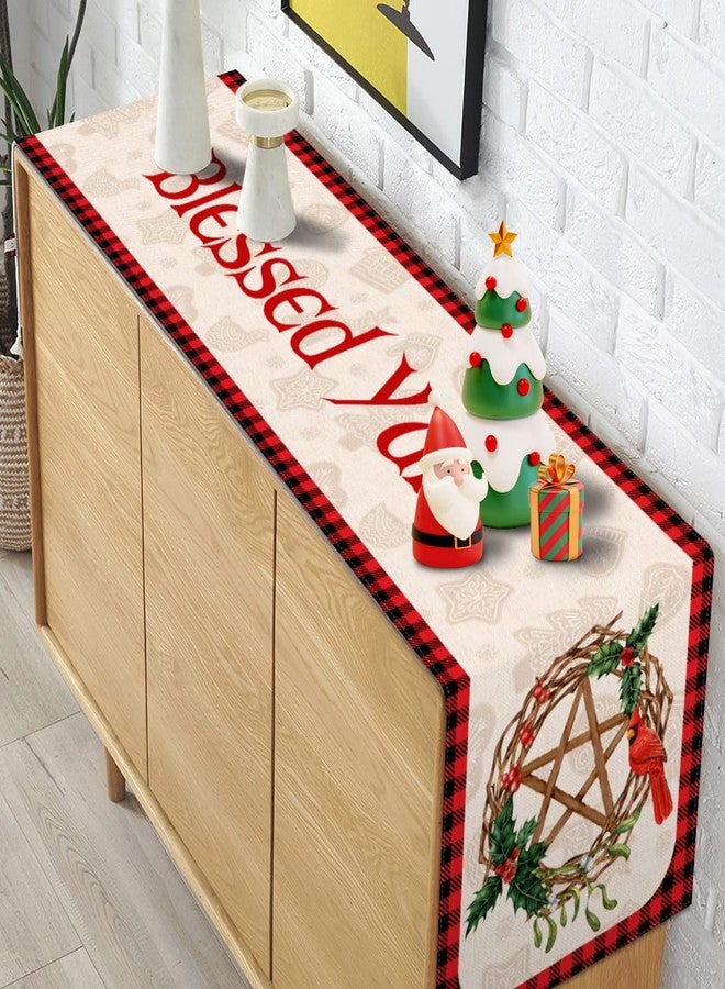 Pudodo Blessed Yule Table Runner Buffalo Plaid Check Pagan Winter Solstice Holiday Fireplace Kitchen Dining Home Decoration (White, 13" x 72") - Image 4