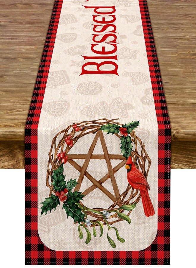 Pudodo Blessed Yule Table Runner Buffalo Plaid Check Pagan Winter Solstice Holiday Fireplace Kitchen Dining Home Decoration (White, 13" x 72") - Image 1