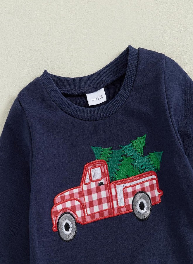 Lenjindjer Toddler Baby Boys Christmas Outfits Santa Truck Print Long Sleeve Sweatshirts Plaid Long Pants 2Pcs Fall Clothes (Navy Blue, 2-3 Years) - Image 4