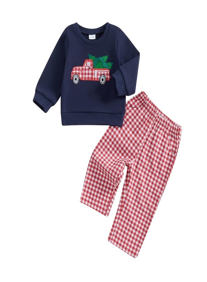 Lenjindjer Toddler Baby Boys Christmas Outfits Santa Truck Print Long Sleeve Sweatshirts Plaid Long Pants 2Pcs Fall Clothes (Navy Blue, 2-3 Years) - Image 1