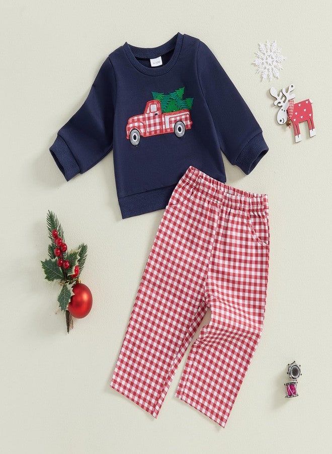 Lenjindjer Toddler Baby Boys Christmas Outfits Santa Truck Print Long Sleeve Sweatshirts Plaid Long Pants 2Pcs Fall Clothes (Navy Blue, 2-3 Years) - Image 2