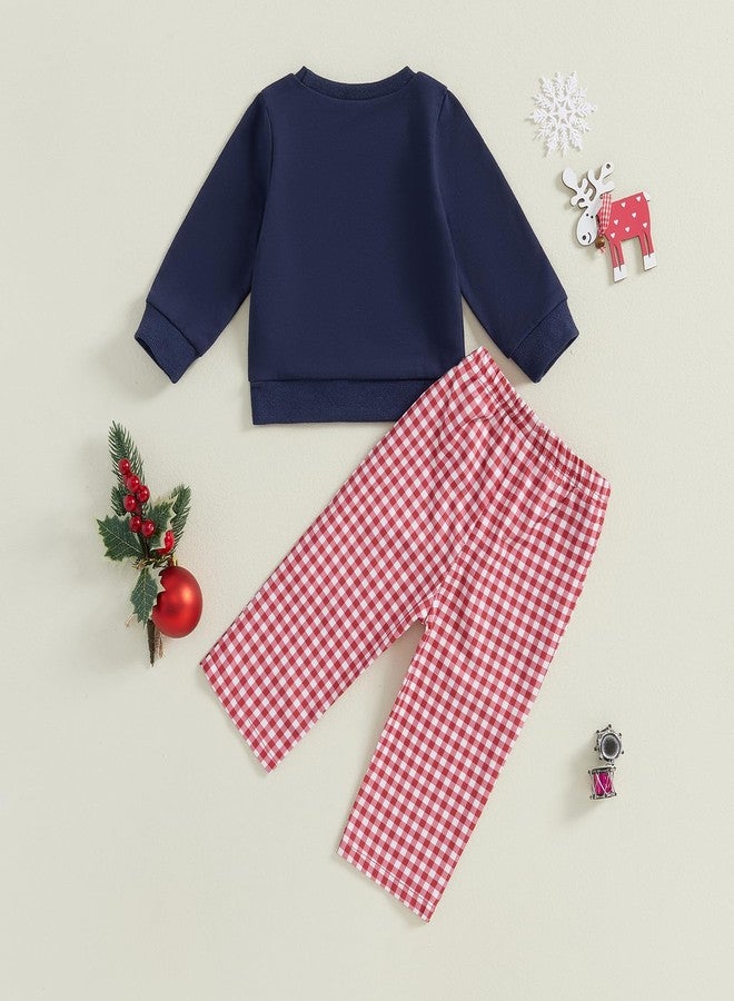 Lenjindjer Toddler Baby Boys Christmas Outfits Santa Truck Print Long Sleeve Sweatshirts Plaid Long Pants 2Pcs Fall Clothes (Navy Blue, 2-3 Years) - Image 3