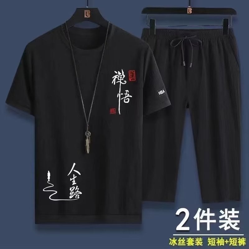 Mens Summer Casual Sportswear Set Short Sleeve T-shirt Shorts 2023 Trendy Two-Piece Grey  - Image 3
