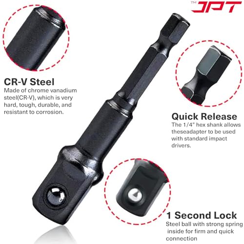 JPT 8-Piece Impact Socket Adapter Set – 1/4" Hex Shank to 1/4", 3/8", 1/2" Square Drive – CR-V Quick Change Drill Bit Extension | Nut Driver Conversion Kit | for Cordless Drills & Power Tool - Image 5