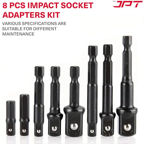 JPT 8-Piece Impact Socket Adapter Set – 1/4" Hex Shank to 1/4", 3/8", 1/2" Square Drive – CR-V Quick Change Drill Bit Extension | Nut Driver Conversion Kit | for Cordless Drills & Power Tool - Image 2