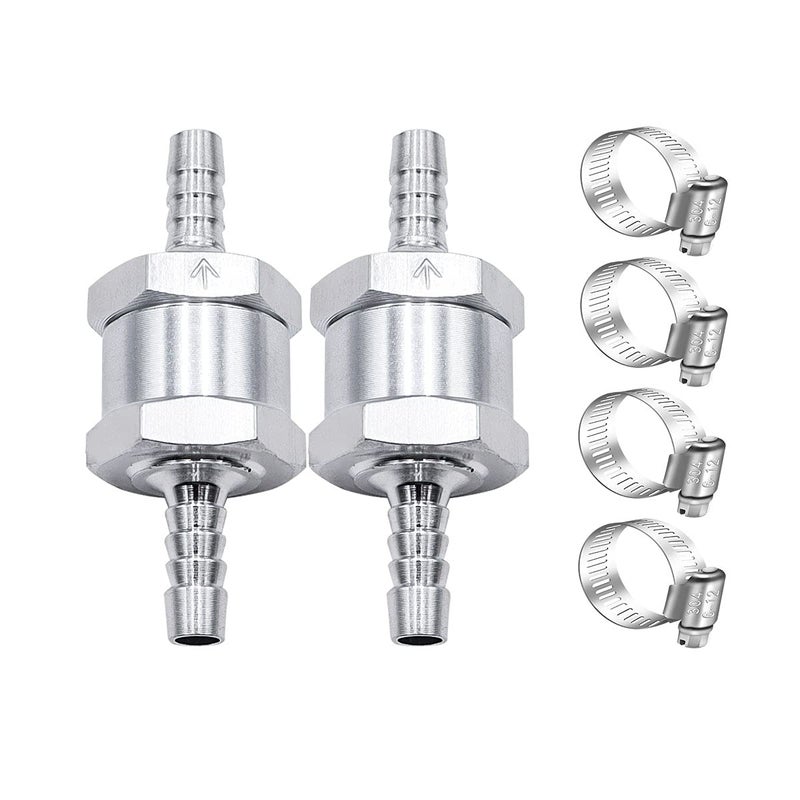 mxuteuk 2Pcs 14 6mm Aluminium Silver Non Return One Way Check Valve with 4Pcs 612mm Universal Adjustable Hose Clamps for Fuel Petrol Diesel Line Oil MH0326mm