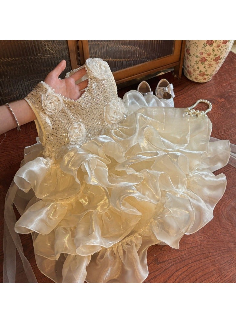 Princess Dress for 2-3Y Girls, Fits Height 90cm, Detachable Bow, Shiny Polyester Fabric, Perfect for Birthdays, Weddings, and Special Occasions  - Image 1