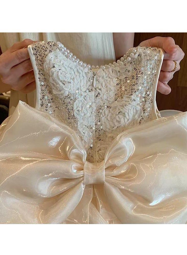 Princess Dress for 2-3Y Girls, Fits Height 90cm, Detachable Bow, Shiny Polyester Fabric, Perfect for Birthdays, Weddings, and Special Occasions  - Image 2