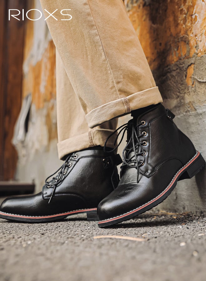 ريوكس أحذية دراجات نارية رجالية، أحذية مارتن أنيقة، أحذية تشوكا جلدية كلاسيكية برباط، أحذية قتالية عصرية للدراجات النارية، أحذية كاحل مقاومة للماء للرجال، أحذية رجالية بأصابع مستديرة، أحذية قصيرة مخيطة يدويًا، حذاء أسود - Image 4