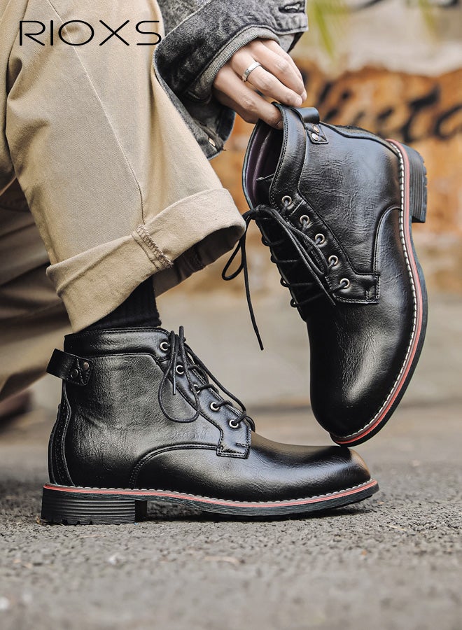 ريوكس أحذية دراجات نارية رجالية، أحذية مارتن أنيقة، أحذية تشوكا جلدية كلاسيكية برباط، أحذية قتالية عصرية للدراجات النارية، أحذية كاحل مقاومة للماء للرجال، أحذية رجالية بأصابع مستديرة، أحذية قصيرة مخيطة يدويًا، حذاء أسود - Image 1