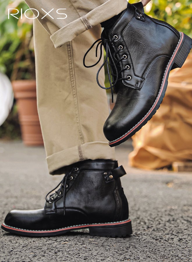 ريوكس أحذية دراجات نارية رجالية، أحذية مارتن أنيقة، أحذية تشوكا جلدية كلاسيكية برباط، أحذية قتالية عصرية للدراجات النارية، أحذية كاحل مقاومة للماء للرجال، أحذية رجالية بأصابع مستديرة، أحذية قصيرة مخيطة يدويًا، حذاء أسود - Image 2