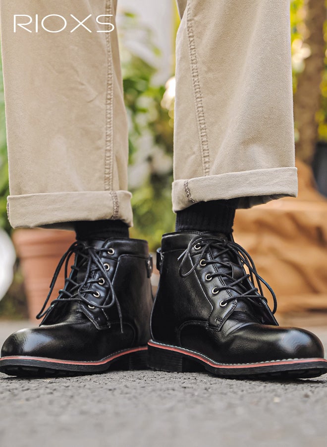 ريوكس أحذية دراجات نارية رجالية، أحذية مارتن أنيقة، أحذية تشوكا جلدية كلاسيكية برباط، أحذية قتالية عصرية للدراجات النارية، أحذية كاحل مقاومة للماء للرجال، أحذية رجالية بأصابع مستديرة، أحذية قصيرة مخيطة يدويًا، حذاء أسود - Image 3