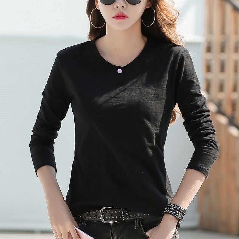 Autumn and Winter New Korean-style Long-sleeved T-shirt Womens Slim-fit Slimming Womens Base-layer Shirt Top Simple Inner Wear Age-reducing Black - Image 1