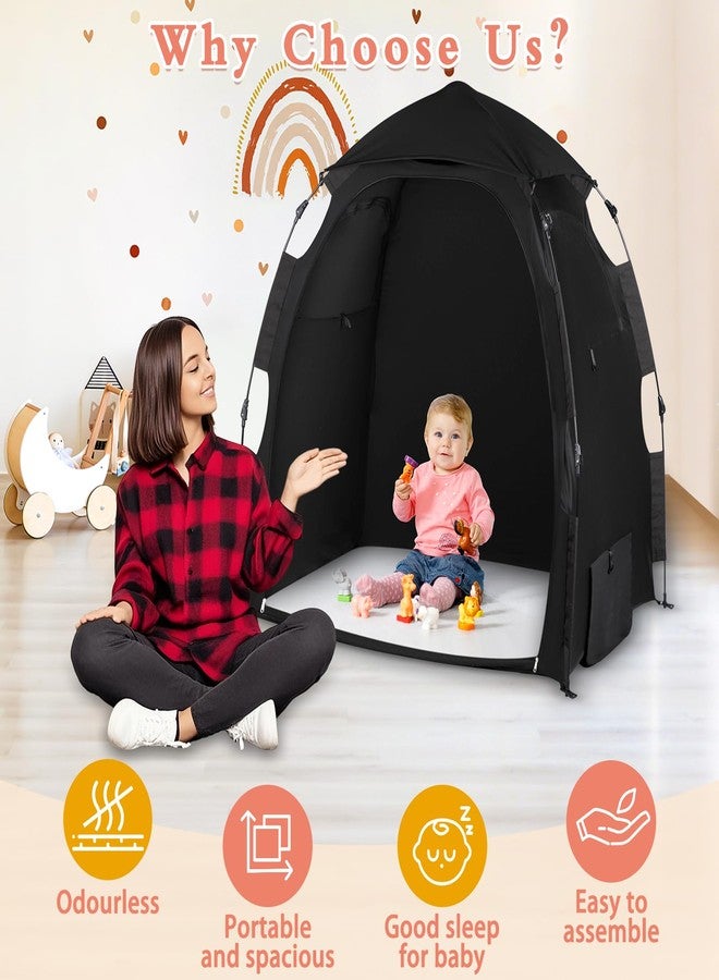 WANRU Blackout Tent for Pack and Play - Pack N Play Blackout Cover - 1-Click Setup Portable Sleep Pod with Monitor Pouch & 2 Fan Pouch, Black Out Tent Blocks 95% Light - Image 4