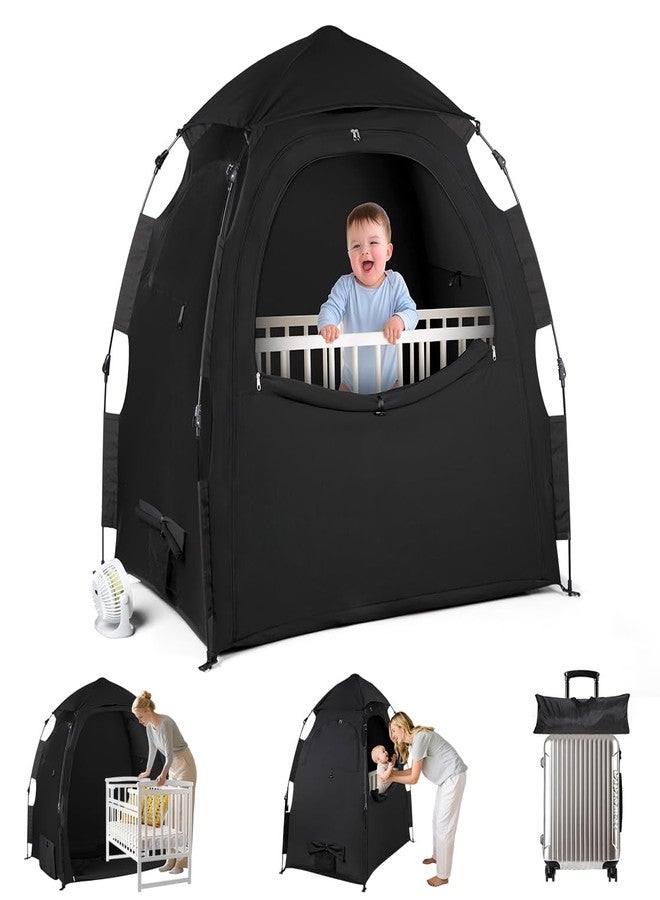 WANRU Blackout Tent for Pack and Play - Pack N Play Blackout Cover - 1-Click Setup Portable Sleep Pod with Monitor Pouch & 2 Fan Pouch, Black Out Tent Blocks 95% Light - Image 1