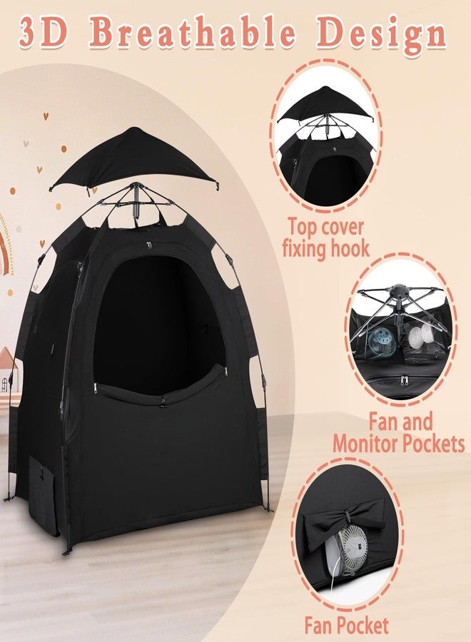 WANRU Blackout Tent for Pack and Play - Pack N Play Blackout Cover - 1-Click Setup Portable Sleep Pod with Monitor Pouch & 2 Fan Pouch, Black Out Tent Blocks 95% Light - Image 2