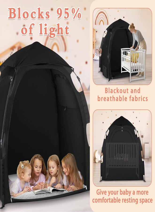 WANRU Blackout Tent for Pack and Play - Pack N Play Blackout Cover - 1-Click Setup Portable Sleep Pod with Monitor Pouch & 2 Fan Pouch, Black Out Tent Blocks 95% Light - Image 3