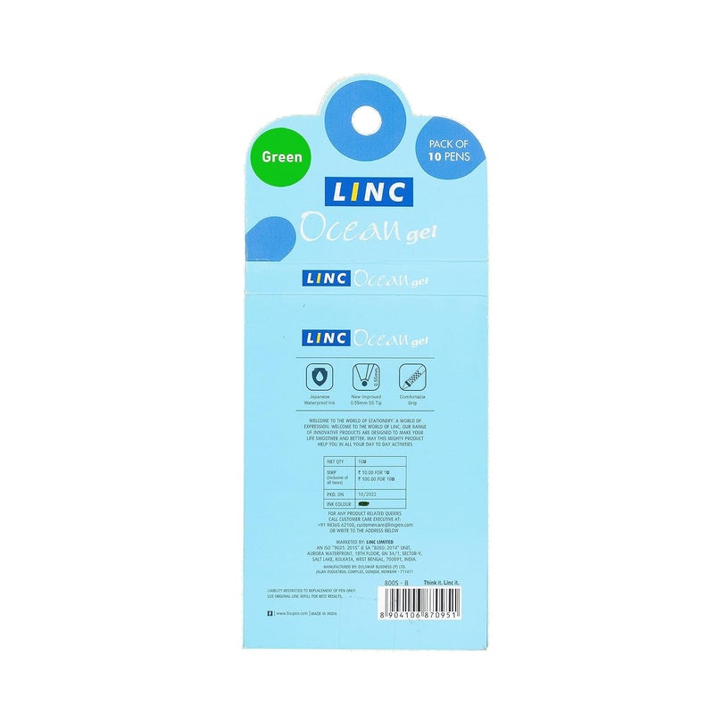 linc Ocean Classic 0.55mm Gel Pen | Green Ink | Set Of 10 - Image 2