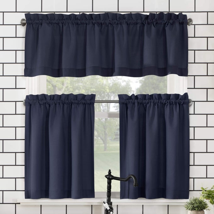 NO 918 MARTINE MICROFIBER SEMISHEER ROD POCKET KITCHEN CURTAIN VALANCE AND TIERS SET 54 X 36 NAVY BLUE