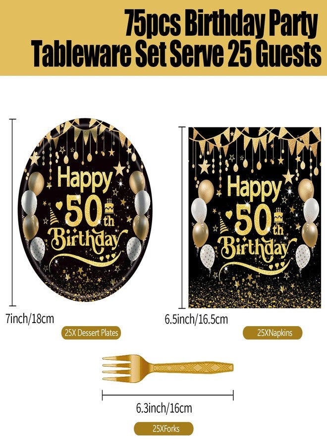 BOKFJBP طقم 75 قطعة من أطباق ومناديل عيد الميلاد الخمسين، باللونين الأسود والذهبي، مناسب للبالغين. أطباق ورقية للاستخدام مرة واحدة، مناديل كوكتيل، وشوك. احتفالاً بعام 1976، أو عيد ميلاد التقاعد، أو في ذروة المسيرة المهنية. يكفي لـ 25 شخصًا. - Image 2